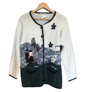 Vintage Cozy  Knit Wool  Floral Embroidered Country Cottagecore Cardigan Small
